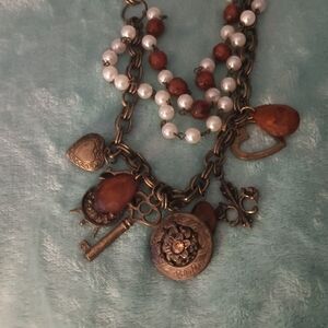 Vintage Charm Necklace with Pearls and Bronze Accents